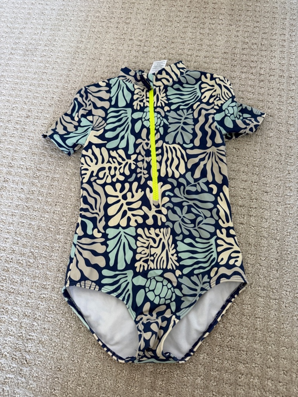 Mini Boden GirlsNavy Blue & Cream Short-Sleeve Rash Guard Swimsuit with Neon Zip